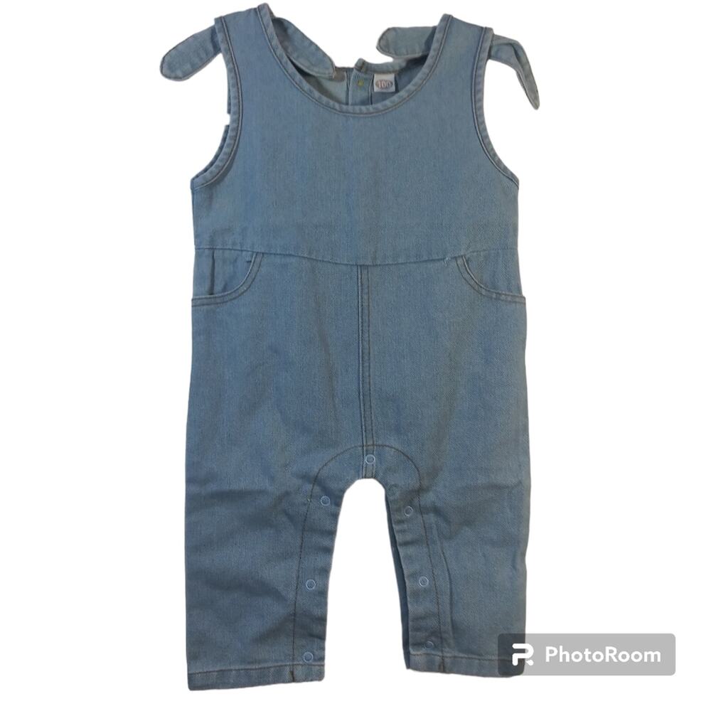 Baby Girls Denim Romper Solid Color Sleeveless Tie Knot Shoulder Jumpsuits